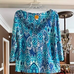 Ruby Rd. Aqua and Navy Patterned Blouse